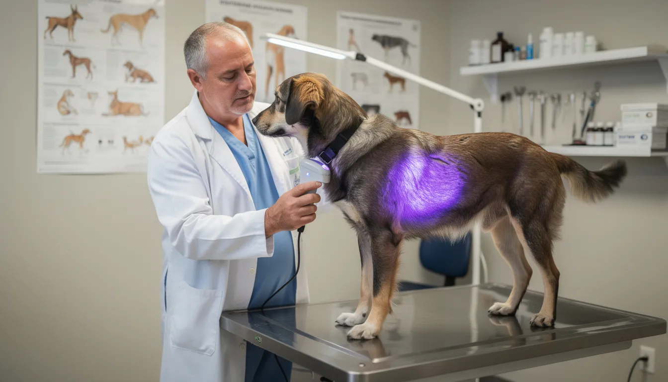 Weterynarz bada skórę psa za pomocą lampy diagnostycznej, sprawdzając ewentualne zmiany skórne, które mogą wymagać szybkiej diagnozy lub chirurgicznego usunięcia. W tle widoczne są narzędzia weterynaryjne oraz spokojny pies, który poddaje się badaniu.
