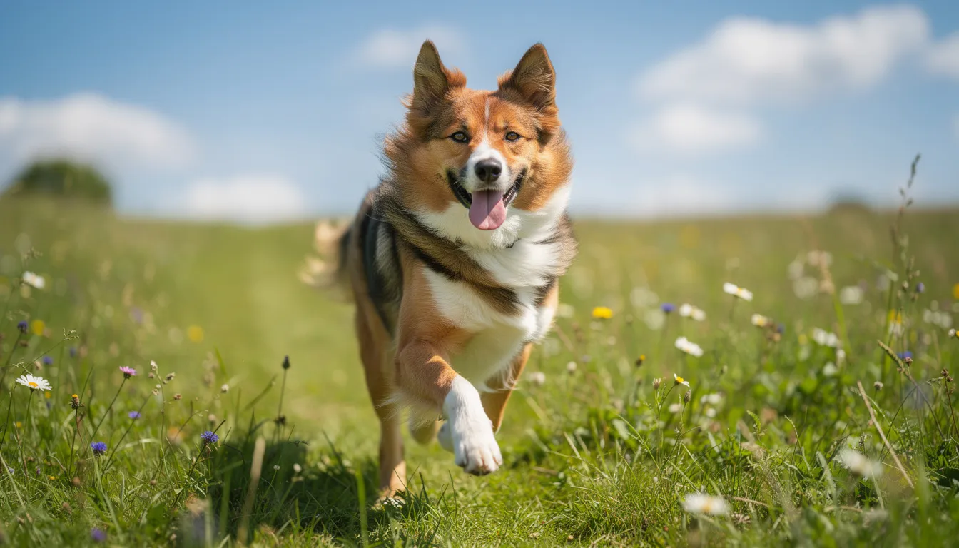Na zdjęciu widać szczęśliwego, zdrowego psa biegającego po zielonej łące, cieszącego się aktywnością fizyczną. Pies wygląda na radosnego i energicznego, co jest oznaką dobrego stanu zdrowia, co może zapobiegać wielu chorobom psów.