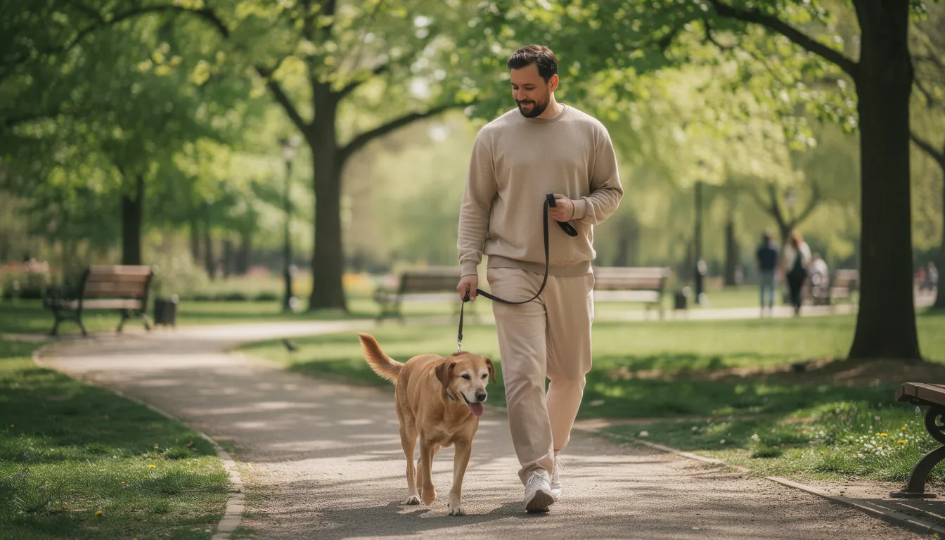 W parku spaceruje właściciel z psem na smyczy, ciesząc się świeżym powietrzem. Regularne odrobaczanie psa jest ważne dla jego zdrowia, aby uniknąć pasożytów wewnętrznych i zewnętrznych.