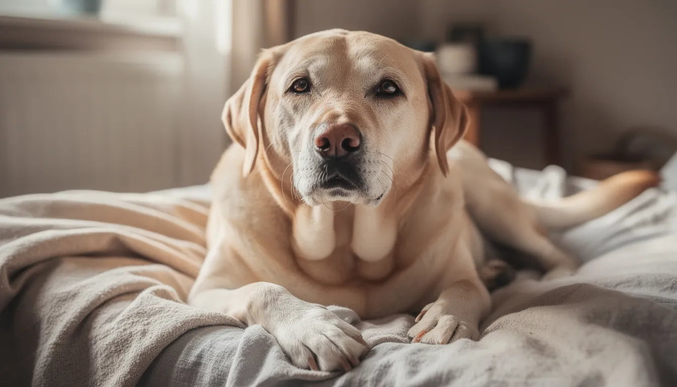 Na kocu leży starszy labrador retriever z siwiejącym pyskiem, spokojnie odpoczywający. Jego sierść jest gładka, a pies wydaje się być w dobrej kondycji, co może sugerować, że stosuje zbilansowaną dietę i wysokiej jakości karmę.