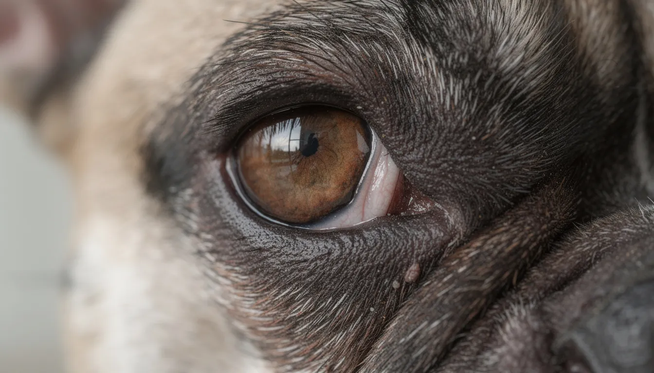 Zbliżenie na oko psa rasy buldog francuski, w którym widoczna jest trzecia powieka w wewnętrznym kąciku oka. Obrazek ukazuje delikatną strukturę gruczołu trzeciej powieki, co może być istotne w kontekście zdrowia oczu psa oraz objawów zapalenia trzeciej powieki.