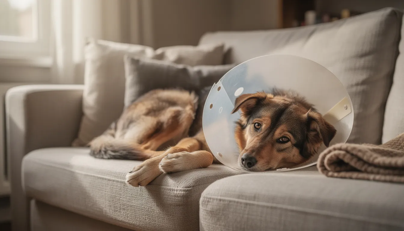 Na kanapie leży pies w kołnierzu ochronnym, który wygryza swoją sierść. Jego zachowanie może być spowodowane intensywnym świądem lub alergiami, co często prowadzi do wypadania sierści i dyskomfortu.