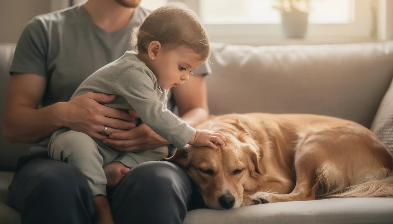 Na zdjęciu małe dziecko siedzi na kolanach rodzica, delikatnie głaszcząc psa leżącego obok. Scena emanuje ciepłem i bezpieczeństwem, pokazując harmonijną relację między dzieckiem a jego pupilem.