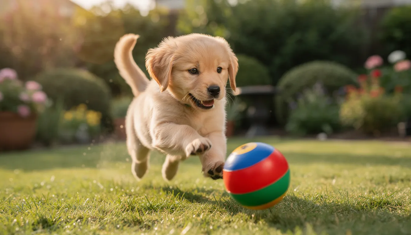 Na zdjęciu widać małego szczeniaka golden retrievera, który radośnie bawi się piłką w ogrodzie, otoczony zieloną trawą i kolorowymi kwiatami. Szczeniak ma jasną, biszkoptową sierść i pogodny wyraz twarzy, co podkreśla jego łagodny charakter.