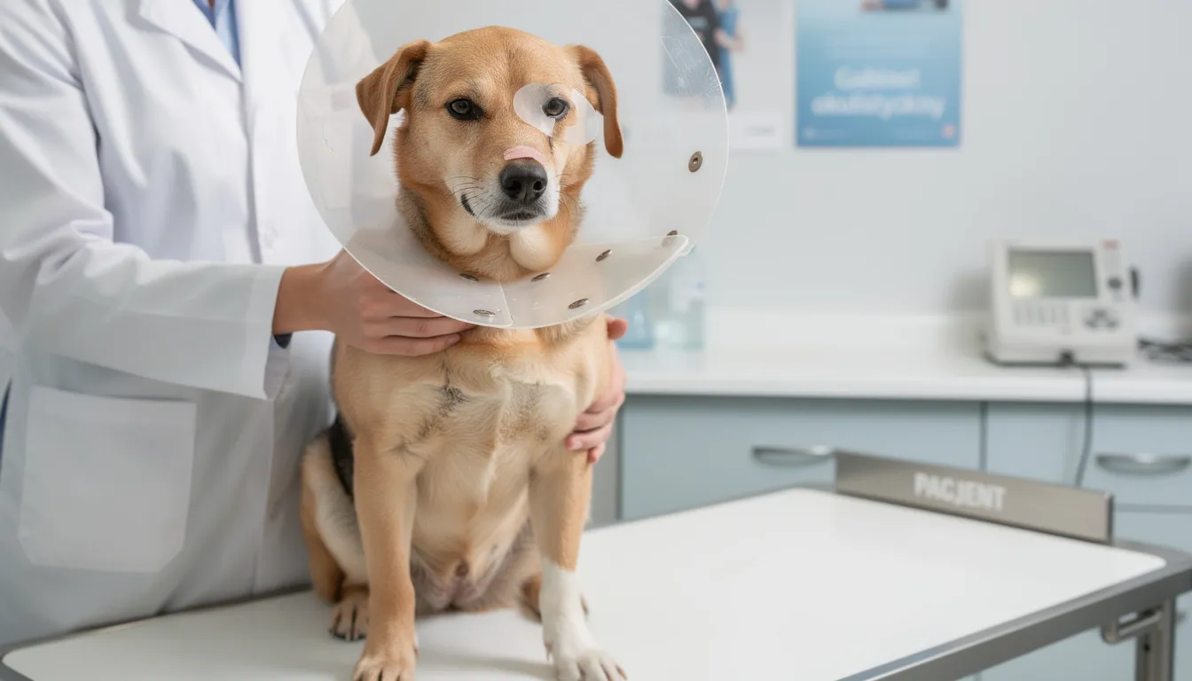 Na zdjęciu widać psa w kołnierzu ochronnym po zabiegu okulistycznym, który ma na celu leczenie zapalenia trzeciej powieki. Pies wygląda na nieco zmartwionego, a jego oczy są delikatnie zaczerwienione, co może wskazywać na podrażnienie spojówek.