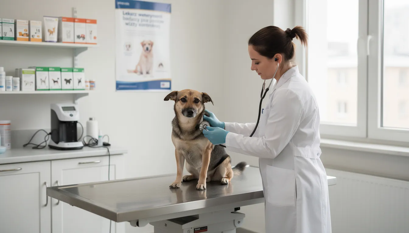Na zdjęciu widzimy lekarza weterynarii badającego psa podczas wizyty kontrolnej. Specjalista ocenia stan zdrowia czworonoga, co jest kluczowe dla wczesnego wykrywania ewentualnych nowotworów złośliwych i zalecenia odpowiednich zabiegów chirurgicznych.