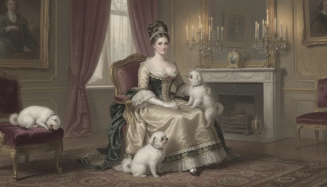 Ilustracja przedstawia arystokratkę w eleganckim XIX-wiecznym salonie, otoczoną małymi białymi psami, które przypominają hawańczyki. Psy te, znane z miękkiej sierści i towarzyskiego charakteru, dodają uroku i elegancji tej historycznej scenie.