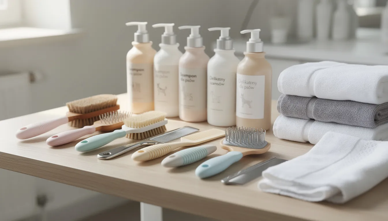 Na stole znajdują się akcesoria groomerskie, takie jak szczotki, grzebienie, szampony i ręczniki, które są niezbędne do pielęgnacji sierści u psów, w tym białych psów. Wśród produktów można zauważyć różne preparaty, które pomagają w utrzymaniu zdrowej sierści i skóry czworonogów.