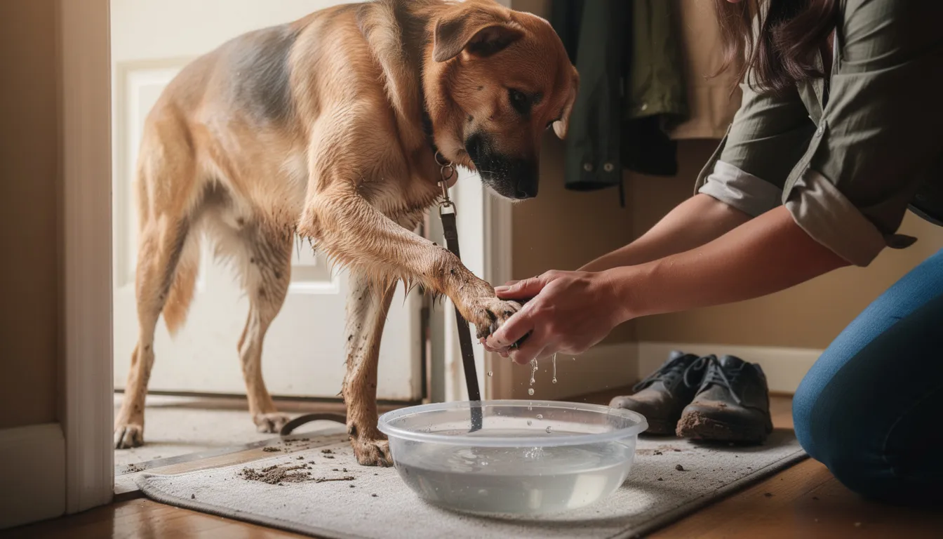 Właściciel delikatnie myje łapy psa w misce z wodą po spacerze, dbając o jego zdrowie skóry. Regularne kąpiele i pielęgnacja skóry psa pomagają w utrzymaniu zdrowej skóry i łagodzeniu swędzenia skóry.