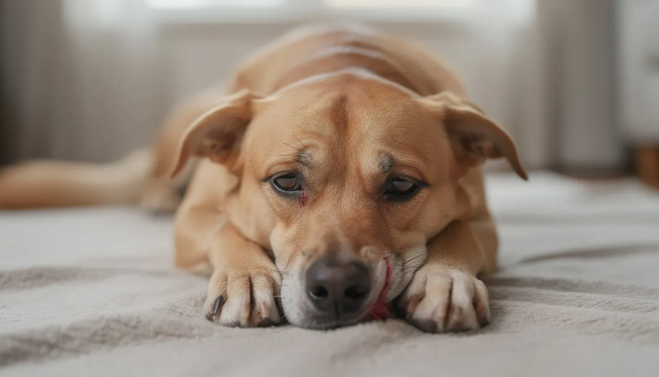 Pies leży na podłodze z wyraźnie smutną miną, co sugeruje dyskomfort związany z bólem jamy ustnej. Jego objawy mogą wskazywać na zapalenie dziąseł, co wymaga szczególnej uwagi w zakresie higieny jamy ustnej psa.
