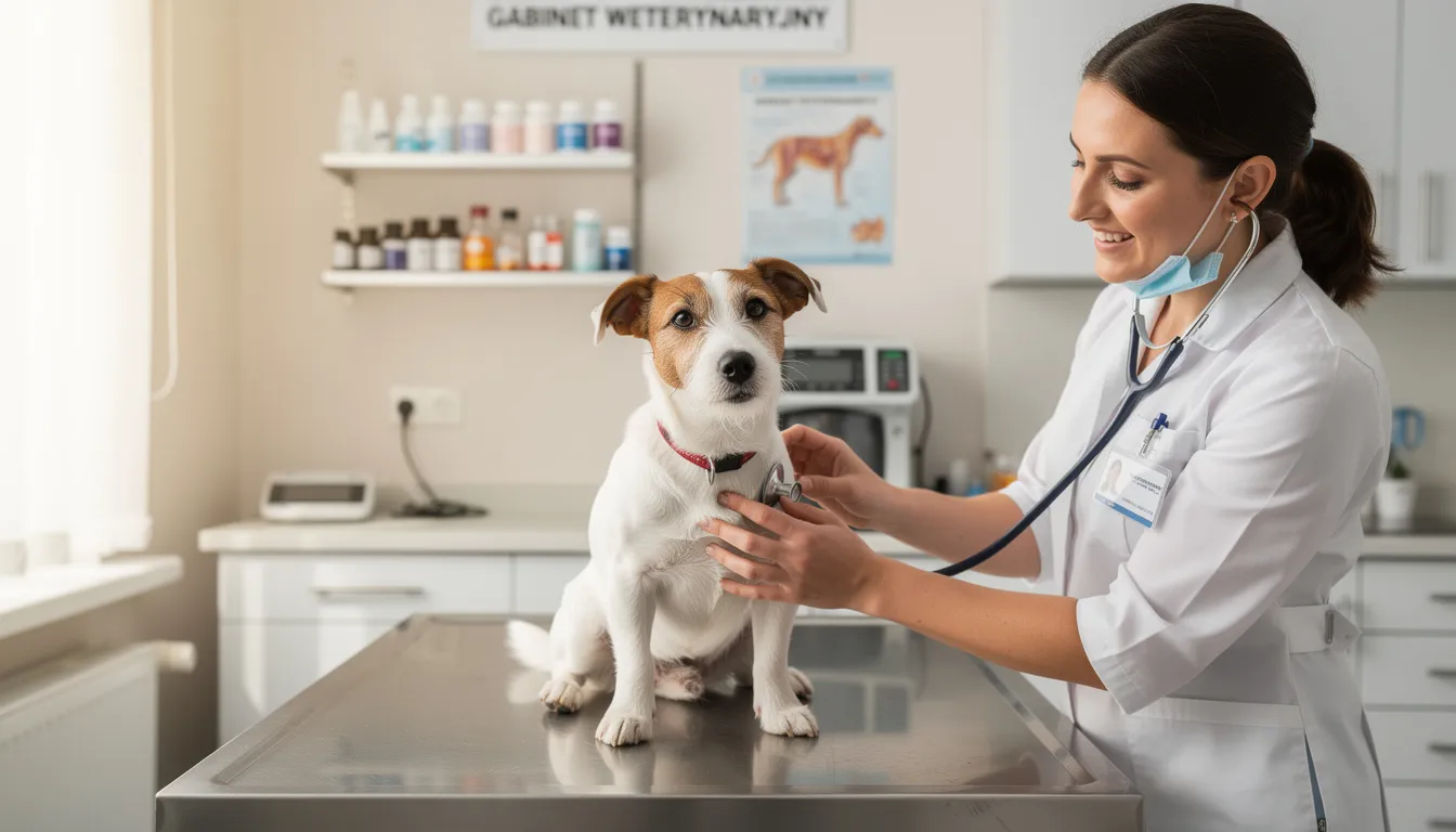 Na zdjęciu widoczny jest parson russell terrier podczas wizyty u weterynarza, gdzie lekarz bada go, zwracając uwagę na jego zdrowie. Pies, z charakterystycznym umaszczeniem i pełen energii, leży na stole, a weterynarz delikatnie go dotyka, aby przeprowadzić badanie.