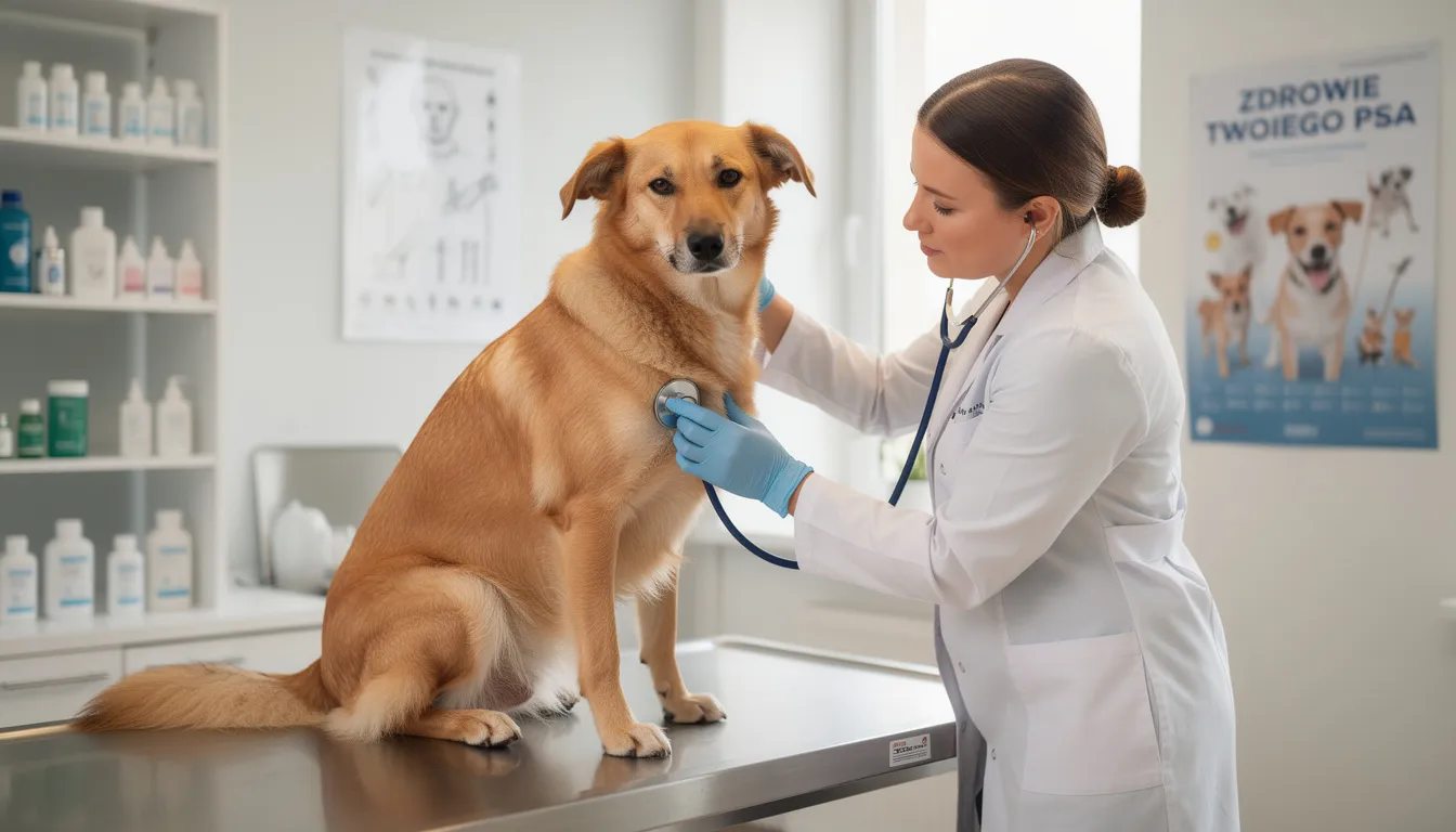 Na obrazie widoczny jest lekarz weterynarii, który bada psa za pomocą stetoskopu. Specjalista zwraca uwagę na stan zdrowia zwierzęcia, co może być istotne w kontekście podawania leków i sedacji, szczególnie u psów dużych ras.