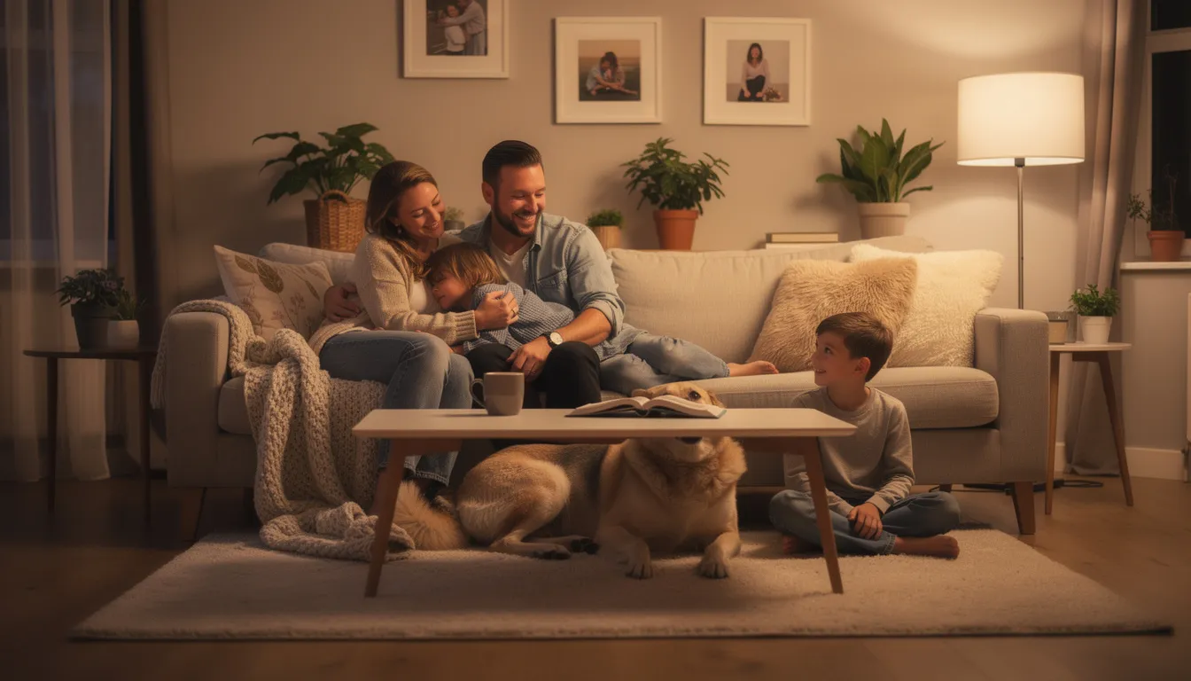 Rodzina odpoczywa w przytulnym salonie, otoczona przez swojego czworonoga, który jest doskonałym towarzyszem. Wspólnie spędzają czas w ciepłej, domowej atmosferze, co podkreśla ich bliskość i radość z posiadania psa.