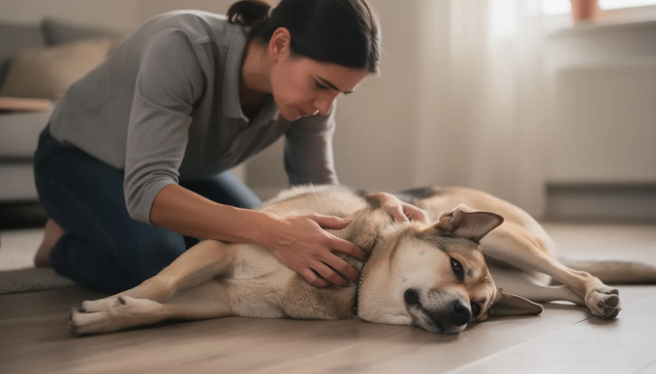 Na obrazku widać psa leżącego na boku, z opiekunem pochylającym się nad nim w geście troski. Pies może wykazywać objawy wstrząsu anafilaktycznego, takie jak bladość błon śluzowych i nadmierne ślinienie, co wskazuje na potrzebę natychmiastowej pomocy weterynaryjnej.