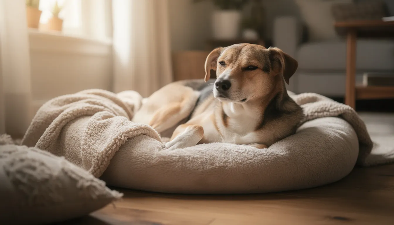 Na zdjęciu widać spokojną suczkę, która odpoczywa na miękkim legowisku w domu. Jej zachowanie sugeruje, że czuje się komfortowo, co jest ważne w czasie cieczki, aby zapewnić jej odpowiednią opiekę.