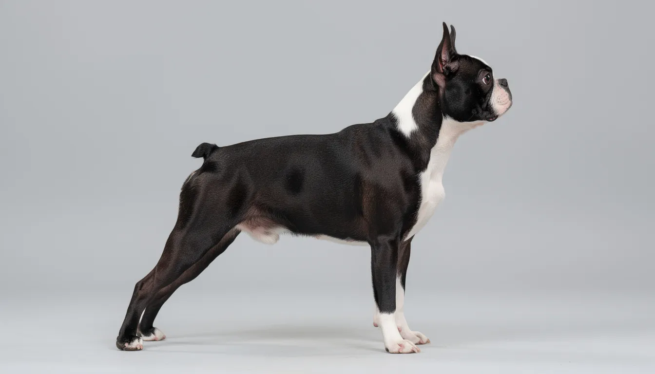 Na zdjęciu widoczny jest boston terrier w postawie pokazowej, prezentujący swoją proporcjonalną budowę ciała oraz elegancki wygląd. Pies ma krótką sierść i charakterystyczną, krótką kufę, co jest typowe dla rasy boston terrier.
