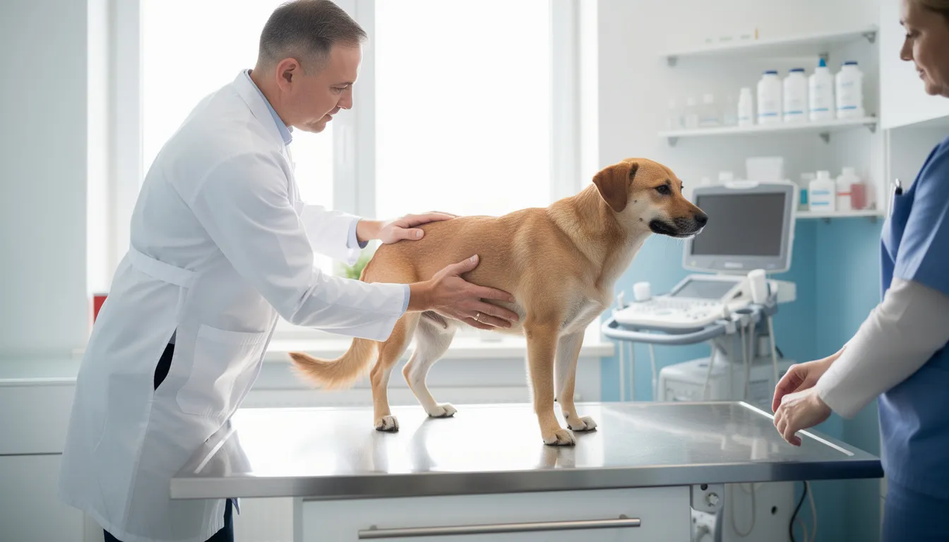 Weterynarz bada brzuch psa podczas wizyty kontrolnej, sprawdzając powłoki brzuszne oraz szukając ewentualnych objawów klinicznych, takich jak powiększenie śledziony lub guz. Badanie to ma na celu wykrycie ewentualnych nowotworów śledziony, co może być kluczowe dla zdrowia pupila.