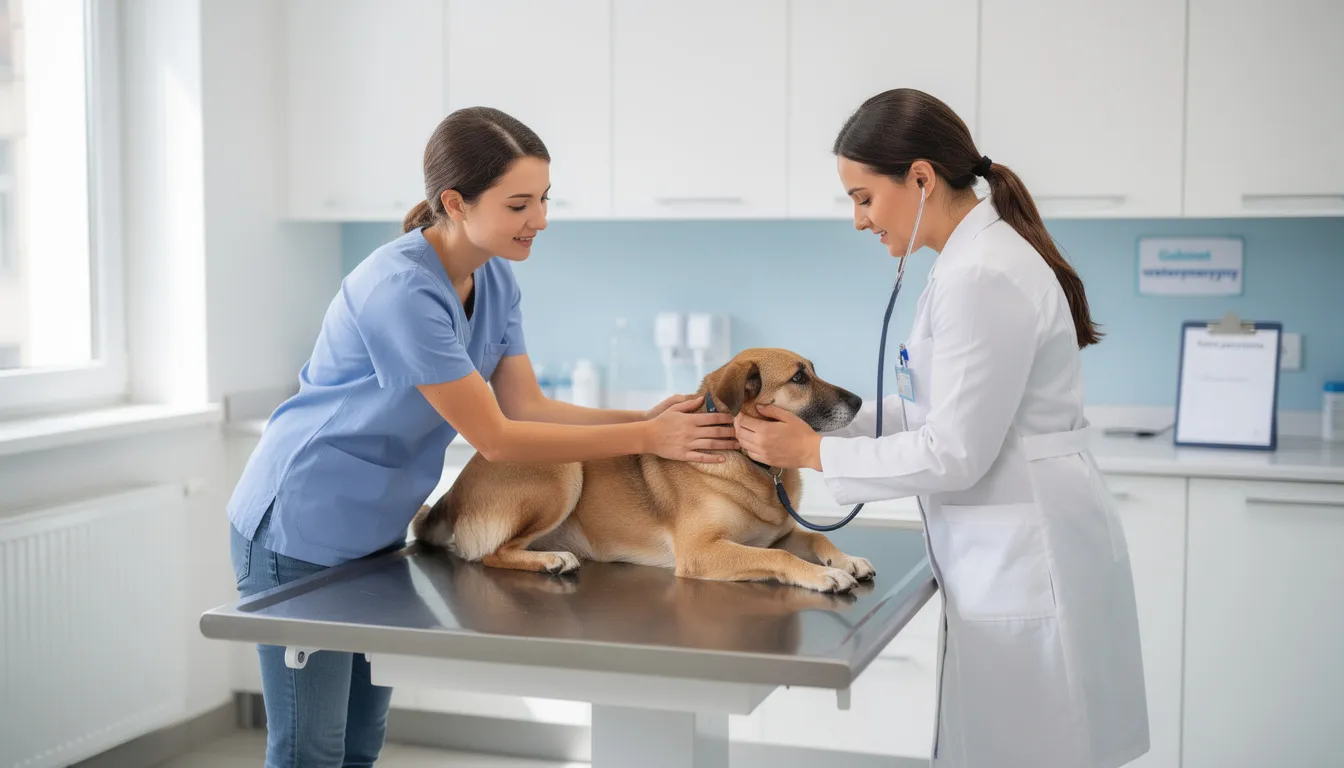 Właściciel delikatnie głaszcze spokojnego psa na stole weterynaryjnym, gdzie lekarz weterynarii przeprowadza badanie, zwracając uwagę na jego stan zdrowia. Obrazek ilustruje ważność regularnych szczepień psów, które są kluczowe w ochronie zdrowia zwierząt i zapobieganiu chorobom zakaźnym.