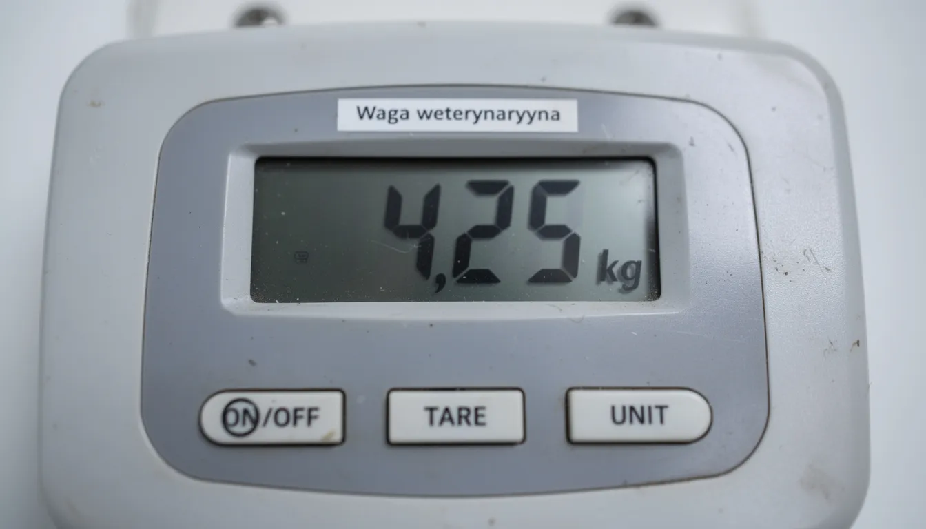 Zbliżenie na cyfrowy wyświetlacz wagi weterynaryjnej, który wyświetla wynik pomiaru masy ciała małego zwierzęcia. Waga ta, z funkcją hold i precyzyjnymi pomiarami, jest kluczowym elementem w diagnostyce weterynaryjnej, zapewniając dokładne ważenie żywych zwierząt w gabinetach weterynaryjnych.