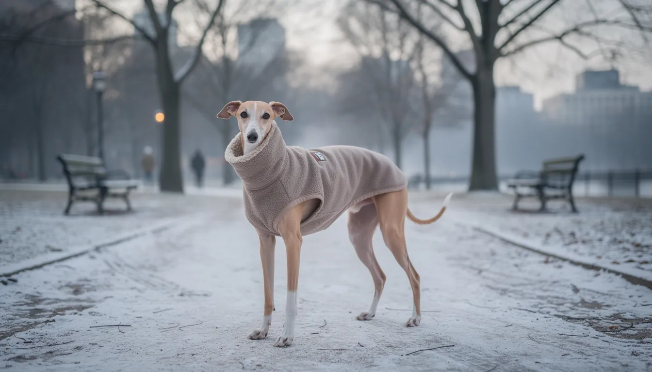 Na zdjęciu widoczny jest whippet w ciepłym płaszczyku zimowym, spacerujący w parku. Pies tej rasy, znany z eleganckiej sylwetki i łagodnego charakteru, cieszy się świeżym powietrzem w towarzystwie swojego opiekuna.