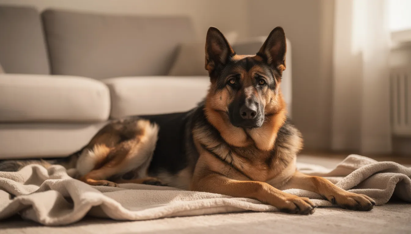 Na zdjęciu widać owczarka niemieckiego leżącego spokojnie na kocu w domu. Pies wygląda na zrelaksowanego, z miękkim futrem i spokojnym wyrazem pyska, co może sugerować, że czuje się komfortowo w swoim otoczeniu.