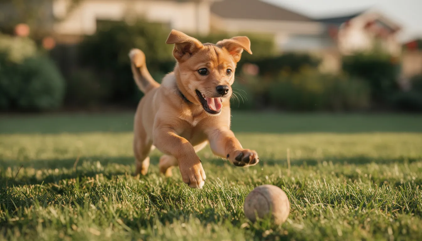 Na zdjęciu widać wesołego szczeniaka rasy średniej, który bawi się na zielonej trawie, skacząc i biegając z radością. Jego zachowanie wskazuje na zdrowy rozwój i dużą aktywność fizyczną, co jest niezwykle ważne w okresie szczenięcym.