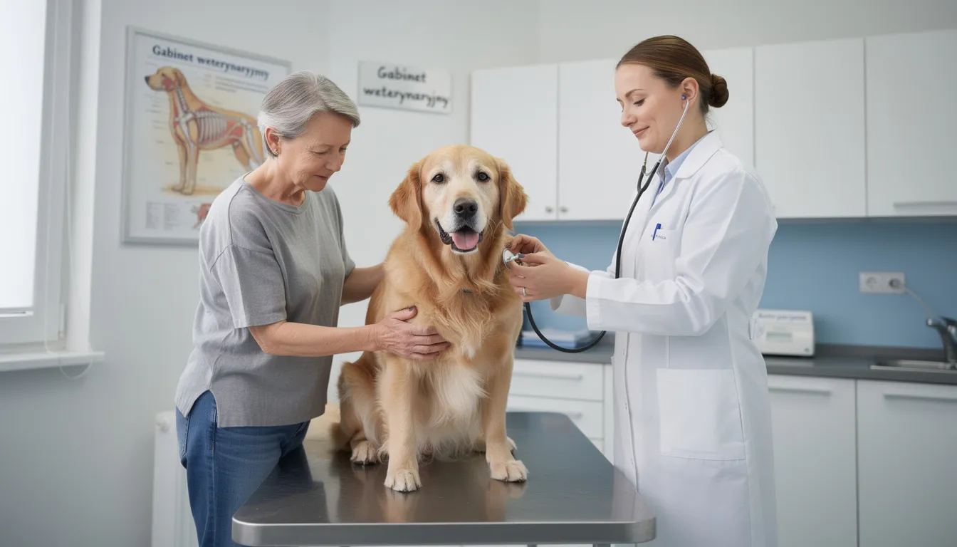 Na zdjęciu widoczny jest starszy pies rasy golden retriever, który jest w przychodni weterynaryjnej. Zwierzę leży na stole, a lekarz weterynarii przeprowadza badanie kliniczne, być może w związku z niepokojącymi objawami związanymi z guzem śledziony u psa.