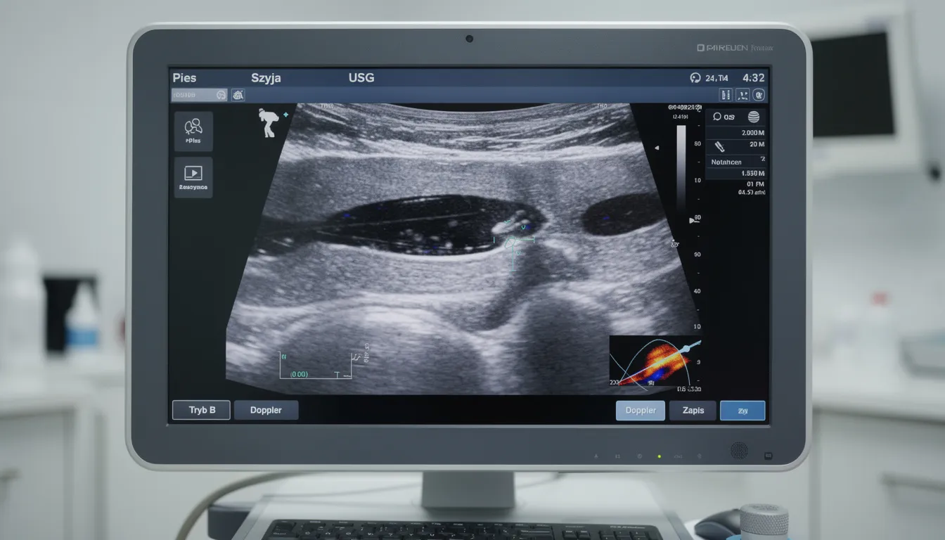 Ekran aparatu USG przedstawia obraz ultrasonograficzny struktur szyi psa, ukazując potencjalne obrzęki w okolicy ślinianki przyusznej oraz przewodów wyprowadzających, co może sugerować zapalenie ślinianki u psa. W tle widoczne są także obwodowe węzły chłonne, które mogą być związane z obstrukcją przewodów ślinowych.