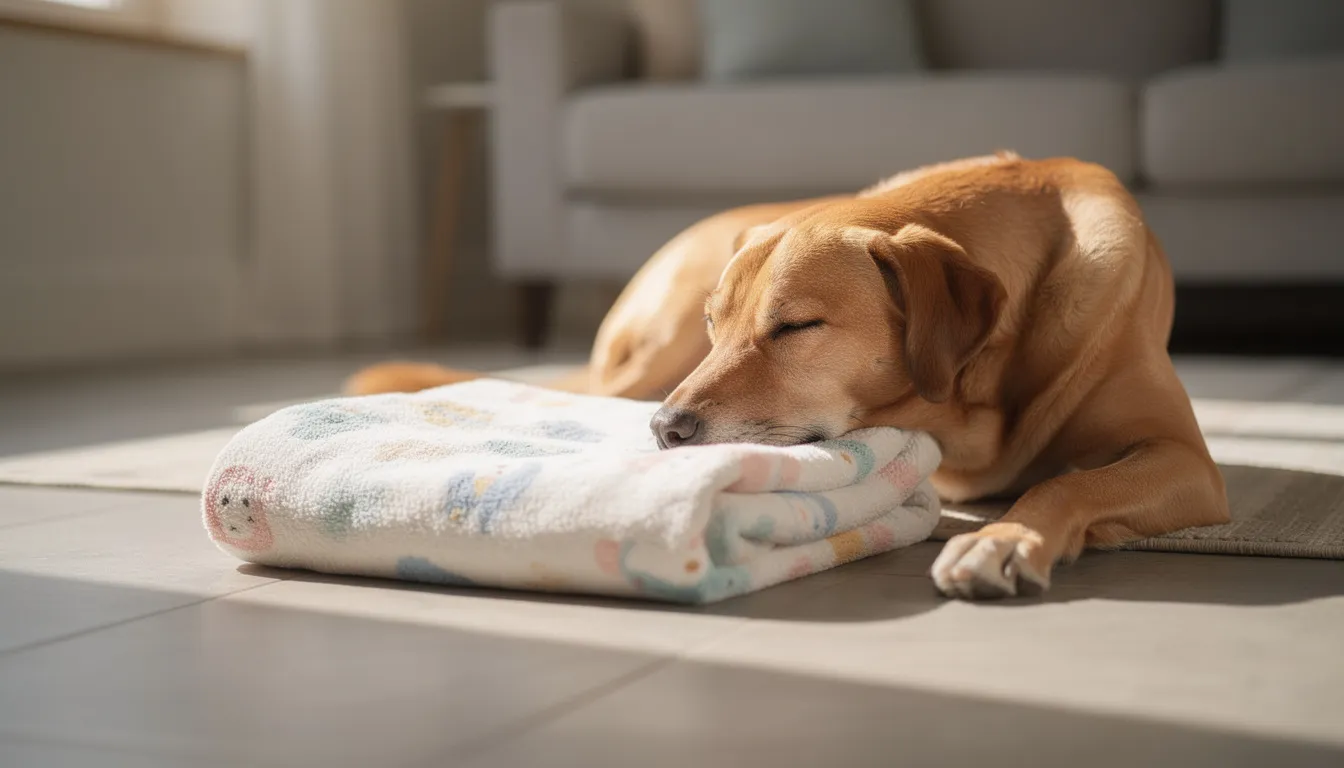 Na zdjęciu leży dorosły pies obok kocyka dla niemowlęcia, co może sugerować jego potrzebę bliskości i poczucia bezpieczeństwa. Wyraz jego pyszczka wskazuje na smutek, co może być objawem apatycznego zachowania lub obniżonego nastroju.