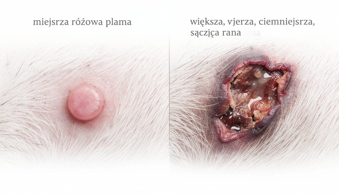 Na obrazku widać porównanie dwóch zmian skórnych u psa: mniejsza różowa plama oraz większa, ciemniejsza rana, która wygląda jak hot spot. Zmiany te mogą wskazywać na problemy skórne, takie jak ostre zapalenie skóry lub infekcje bakteryjne, które wymagają konsultacji z weterynarzem.