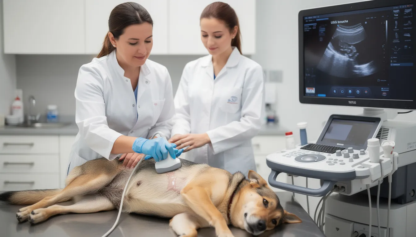 Na zdjęciu widoczny jest pies leżący na stole w klinice weterynaryjnej podczas badania USG jamy brzusznej. Weterynarz wykonuje badanie, aby ocenić stan narządów wewnętrznych i sprawdzić ewentualne zmiany, takie jak mięsak histiocytarny lub przerzuty w węzłach chłonnych.