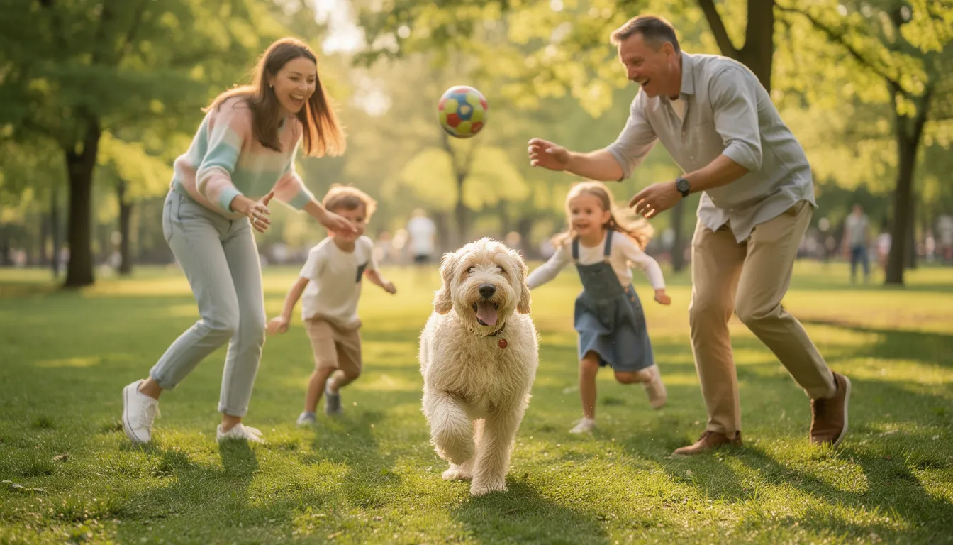 Na zdjęciu widoczna jest rodzina z dziećmi, bawiąca się z irlandzkim terierem pszenicznym w parku. Pies, o miękkiej, pszenicznej sierści, radośnie biega wśród trawy, a dzieci śmieją się i bawią z nim, tworząc wesołą atmosferę na świeżym powietrzu.