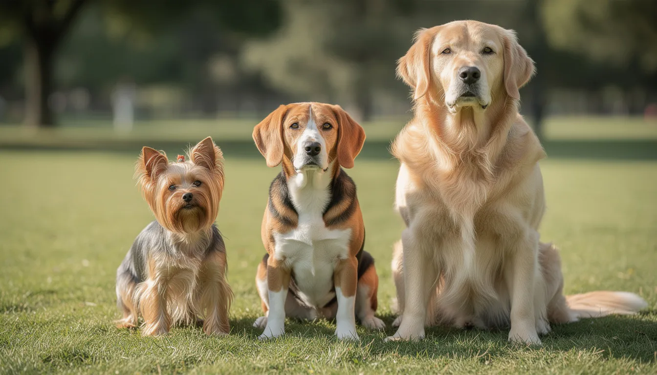 Na obrazie znajdują się trzy psy różnej wielkości: mały york, średni beagle i duży golden retriever, stojące obok siebie. Obraz ilustruje różnice w wysokości psów w kłębie, co może być pomocne przy mierzeniu psa oraz doborze odpowiednich akcesoriów, takich jak obroże czy szelki.