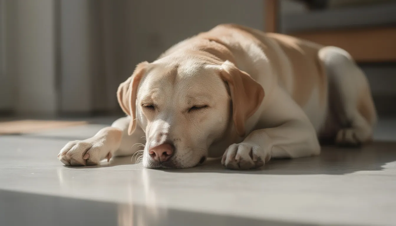 Na podłodze leży smutny pies z opuszczoną głową i zamkniętymi oczami, co może być objawem zatrucia pokarmowego. Warto zwrócić uwagę na jego stan, ponieważ utrata apetytu i drżenie mięśni mogą wskazywać na poważne problemy zdrowotne.