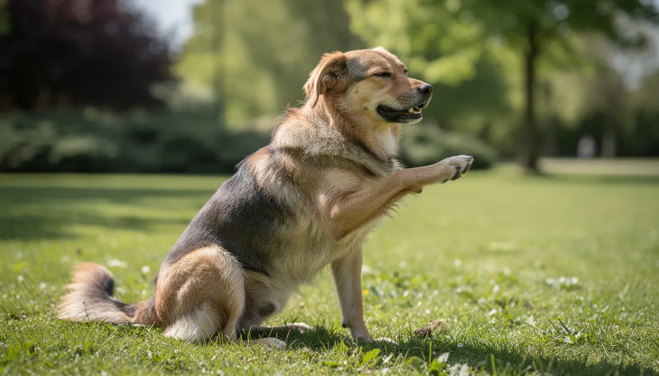 Na zielonej trawie leży pies, który drapie się za uchem, co może być oznaką intensywnego świądu lub alergii. Jego sierść lśni, a zachowanie wskazuje na potrzebę pielęgnacji i regularnego szczotkowania, aby uniknąć wypadania sierści i dyskomfortu.