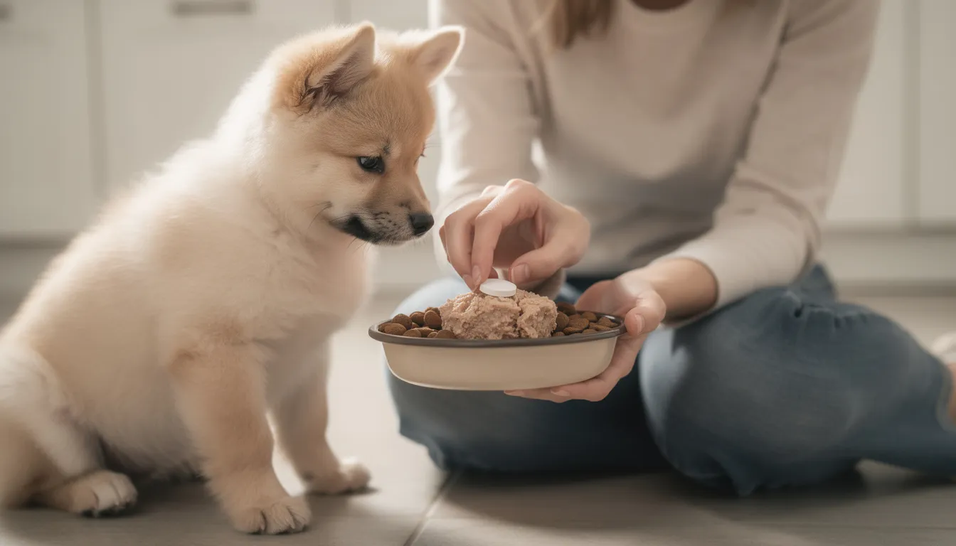 Właściciel podaje tabletkę szczeniakowi, mieszając ją z karmą, co jest istotne dla prawidłowego rozwoju uszu psa. Szczeniak, rasy owczarka niemieckiego, z zainteresowaniem patrzy na swojego pupila, co może wpłynąć na zdrowie jego małżowin usznych.