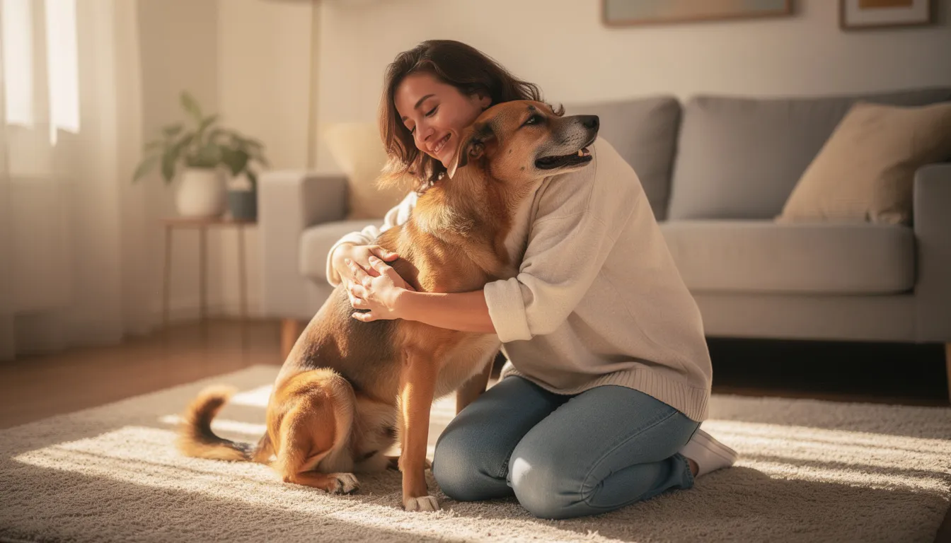 Na zdjęciu widoczny jest właściciel przytulający swojego psa w domowym wnętrzu, co podkreśla bliskość i miłość między nimi. W tle można dostrzec elementy wyposażenia, takie jak kanapa i dekoracje, które tworzą przytulną atmosferę.