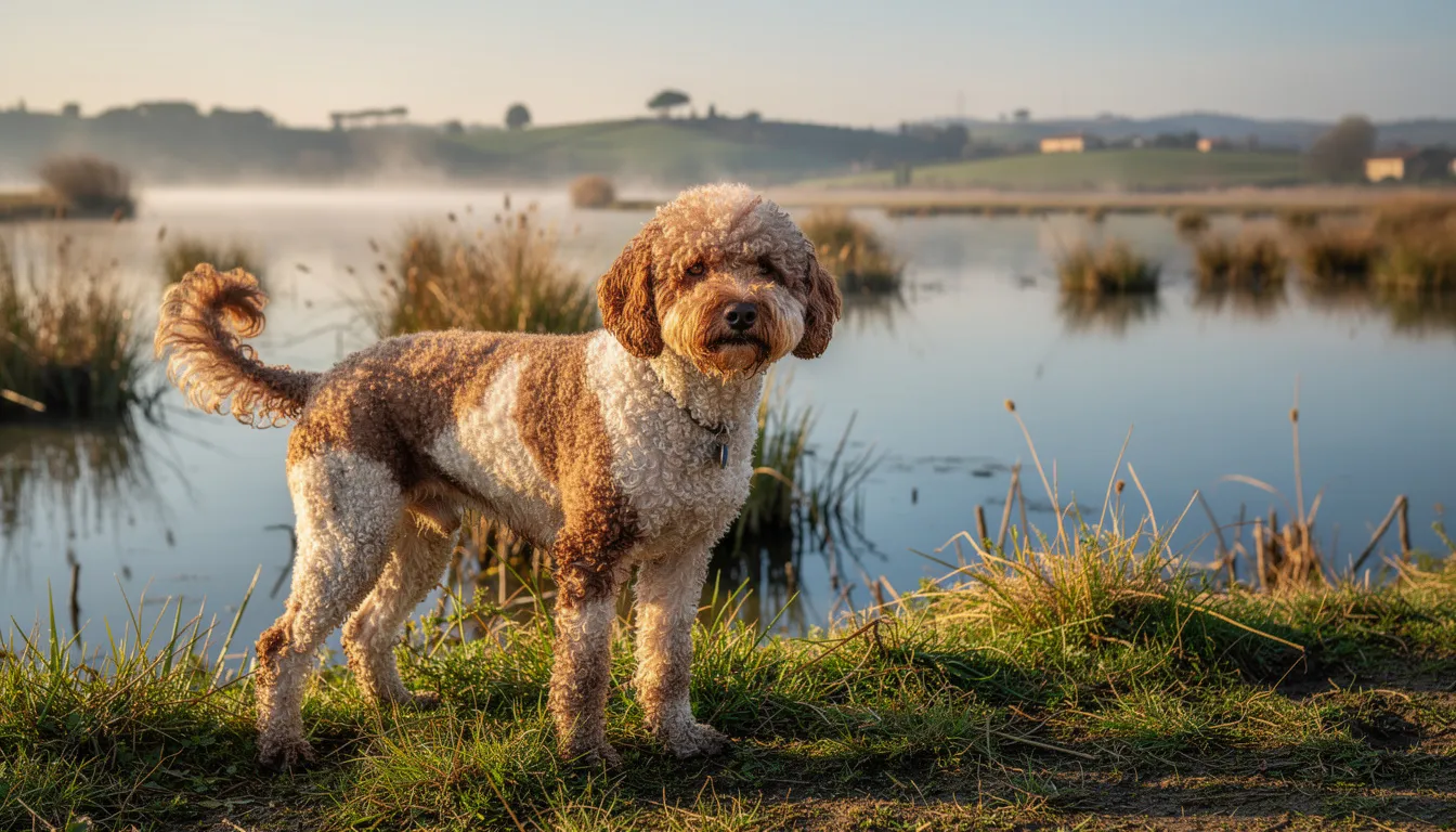 Na zdjęciu widoczny jest pies rasy lagotto romagnolo, który stoi na tle malowniczego włoskiego krajobrazu, pełnego jezior i mokradeł. Jego kędzierzawa sierść w odcieniach brązu harmonizuje z otaczającą naturą, podkreślając charakterystyczne cechy tej rasy psów myśliwskich.