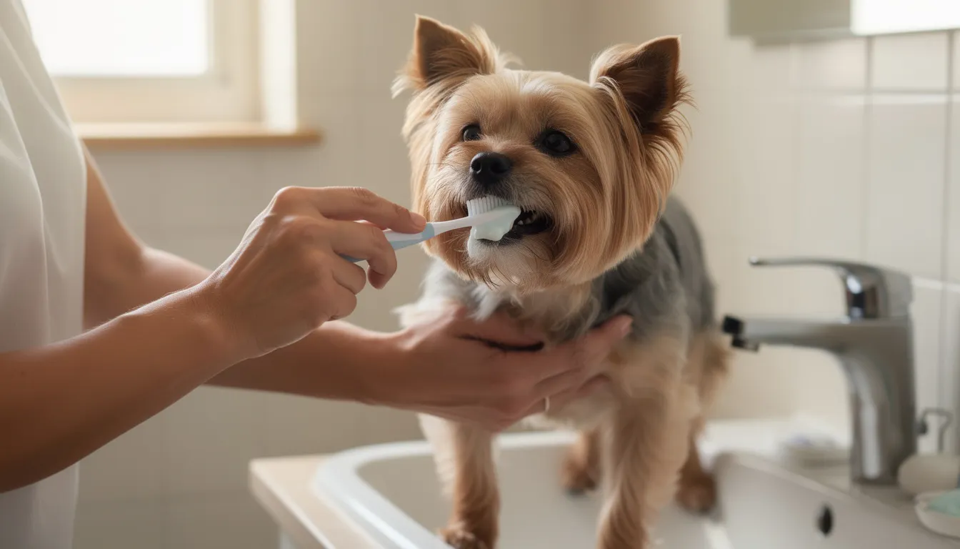 Właściciel szczotkuje zęby małego psa specjalną szczoteczką, dbając o higienę jamy ustnej swojego pupila. Regularne mycie zębów pomaga w usuwaniu kamienia nazębnego oraz zapobiega powstawaniu płytki nazębnej, co jest kluczowe dla zdrowia dziąseł i ogólnego samopoczucia psa.