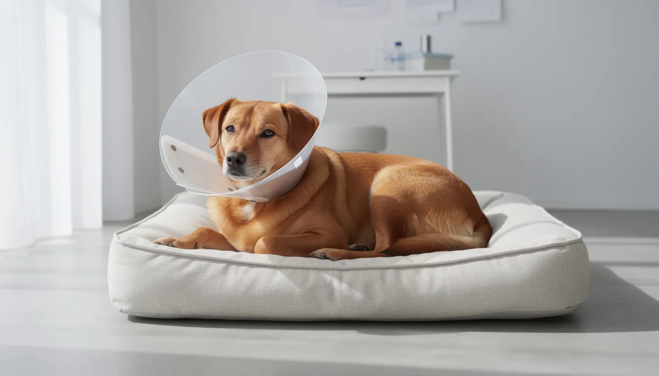 Na zdjęciu leży pies w kołnierzu ochronnym na czystym legowisku, co może sugerować, że przechodzi leczenie grzybicy skóry lub innego schorzenia dermatologicznego. Pies wygląda na spokojnego, co jest ważne w procesie regeneracji skóry i zapobieganiu nawrotom choroby.