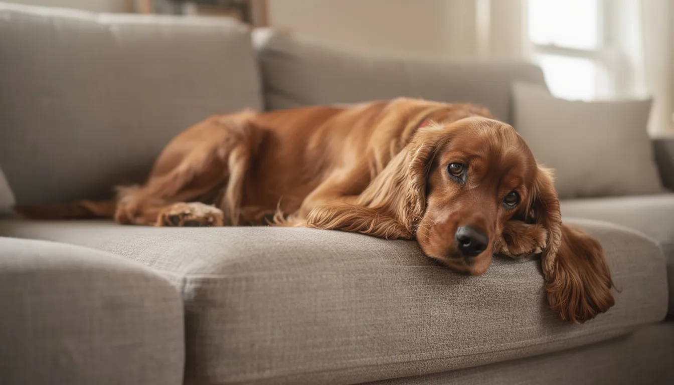 Na kanapie leży pies rasy cocker spaniel z długimi, opadającymi uszami. Jego wygląd może sugerować potrzebę regularnego czyszczenia uszu, co jest istotne dla zdrowia twojego pupila, aby uniknąć problemów takich jak grzybica uszu czy zapalenie ucha.