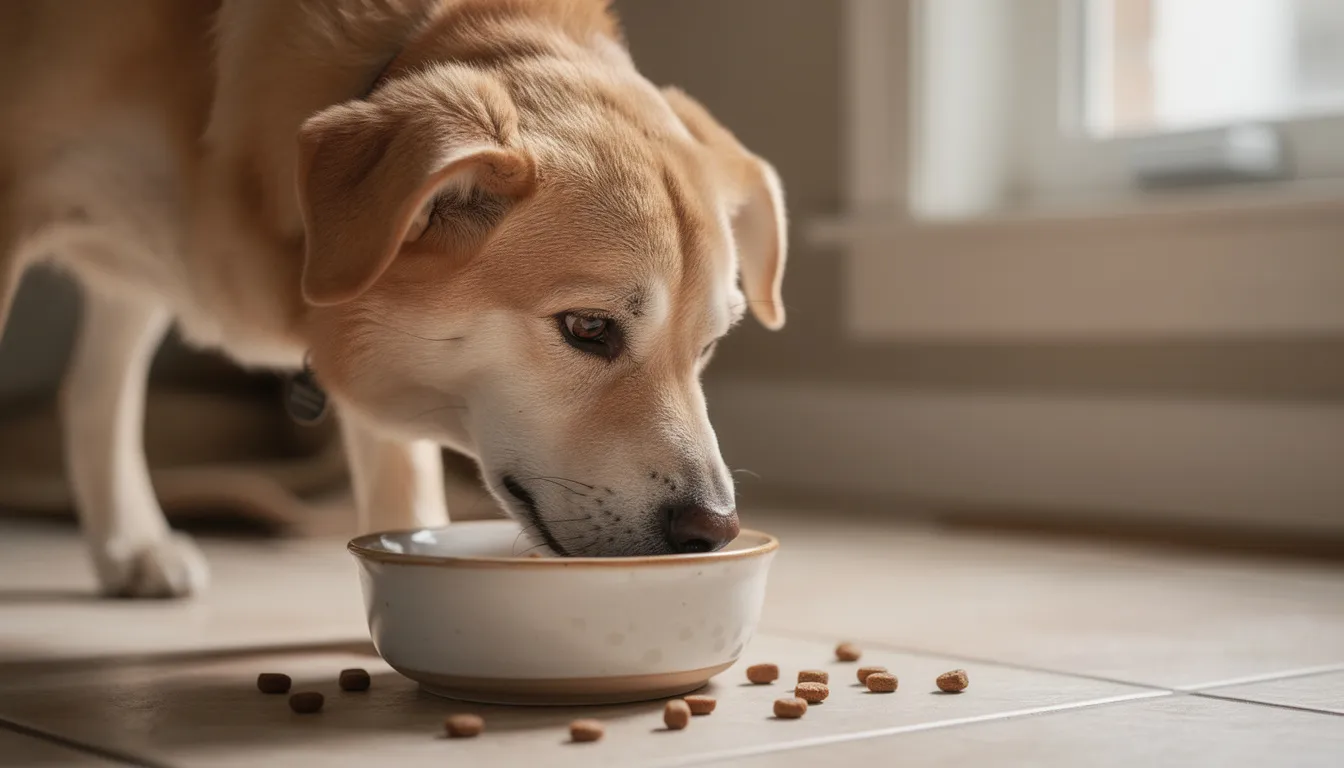 Pies spokojnie je z ceramicznej miski, wydając charakterystyczne dźwięki mlaskania. Obserwując jego zachowanie, warto zwrócić uwagę na ewentualne niepokojące objawy, takie jak nadmierne ślinienie czy ból brzucha, które mogą wskazywać na problemy zdrowotne.