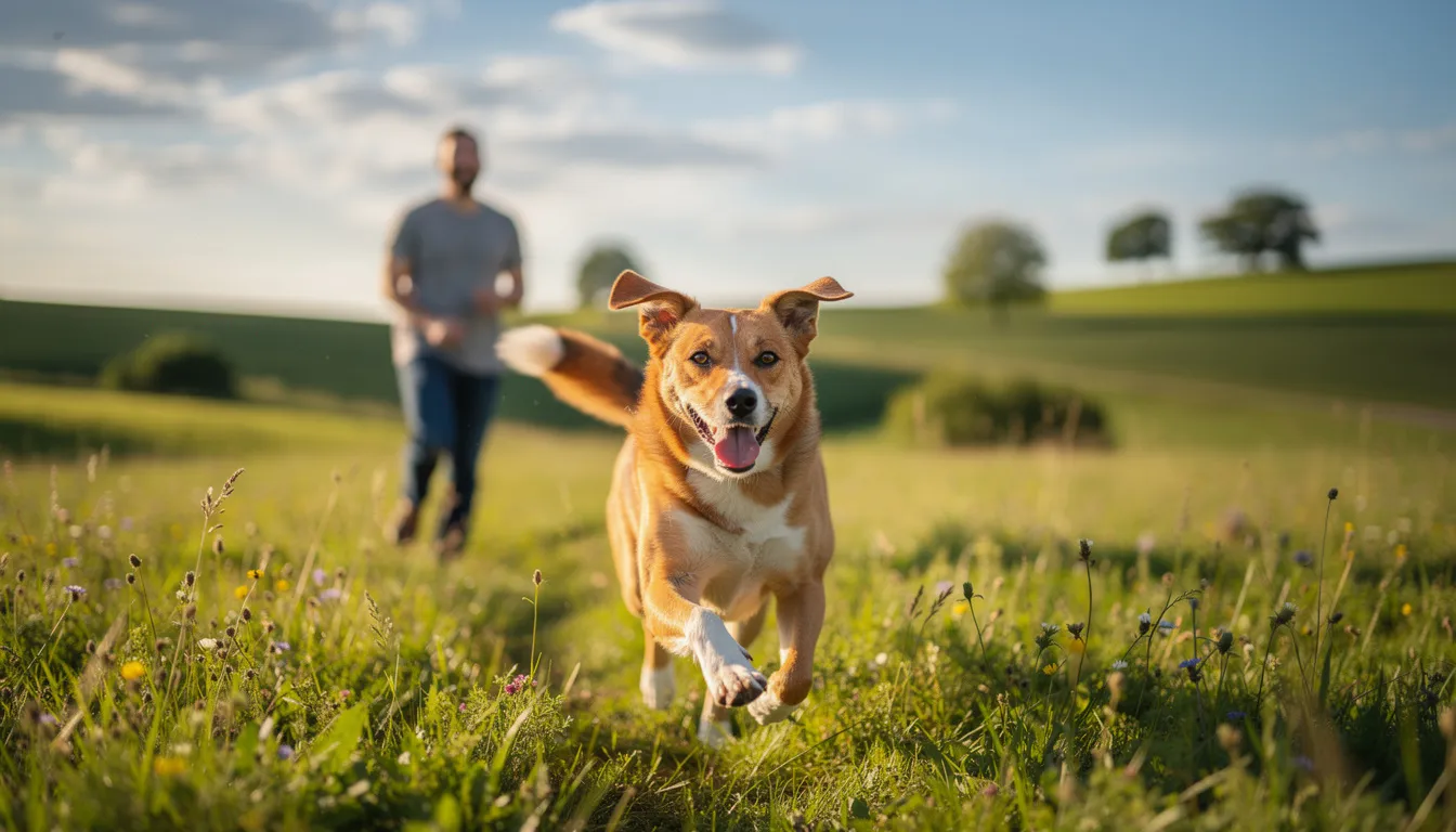 Na zdjęciu widoczny jest radosny pies biegający po zielonej łące, z właścicielem w tle, który obserwuje jego zabawne skubanie trawy. Takie zachowanie, jak jedzenie trawy przez psa, może być naturalne, ale warto zwrócić uwagę na ewentualne problemy behawioralne lub zdrowotne.