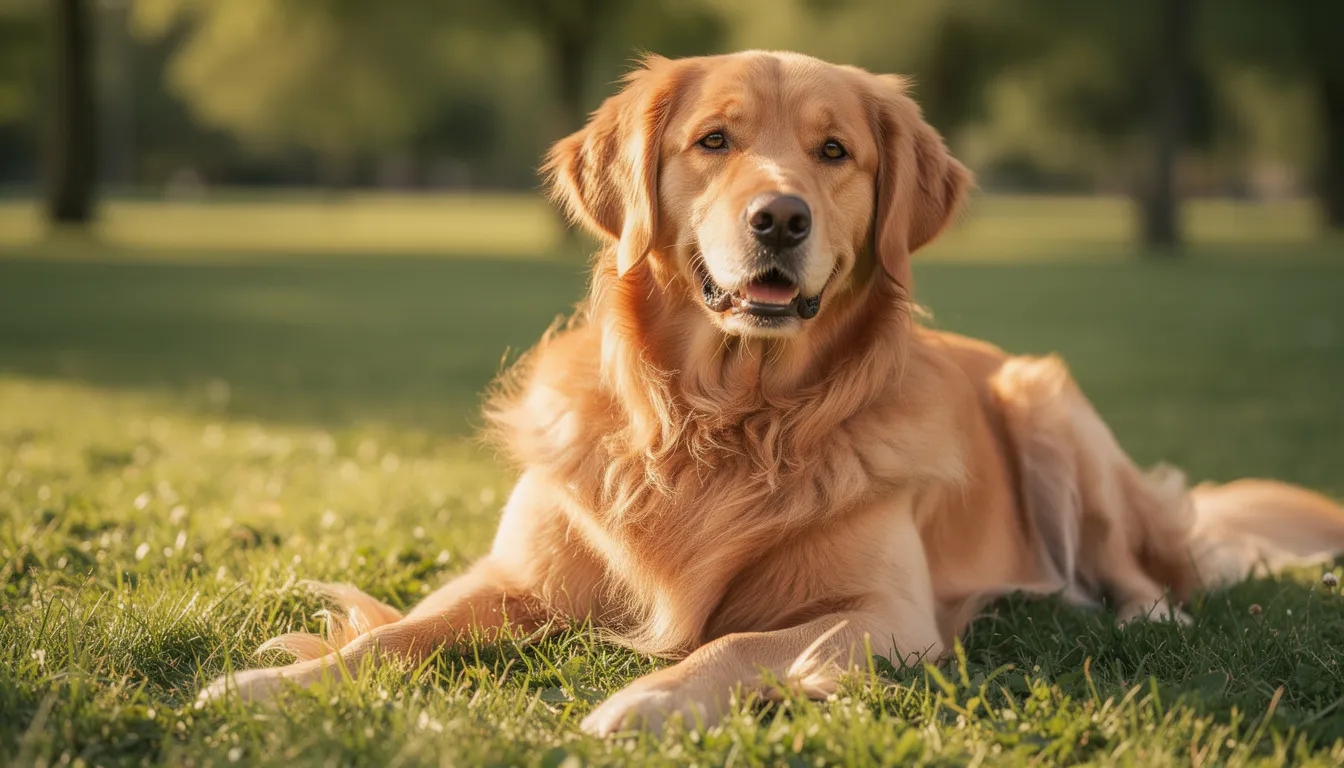 Golden retriever leży na zielonej trawie, jego gęsta, złocista sierść błyszczy w słońcu. Pies wygląda na zrelaksowanego, jednak warto zwrócić uwagę na zdrowie skóry psa, aby zapobiec problemom takim jak hot spoty czy zapalenia skóry.