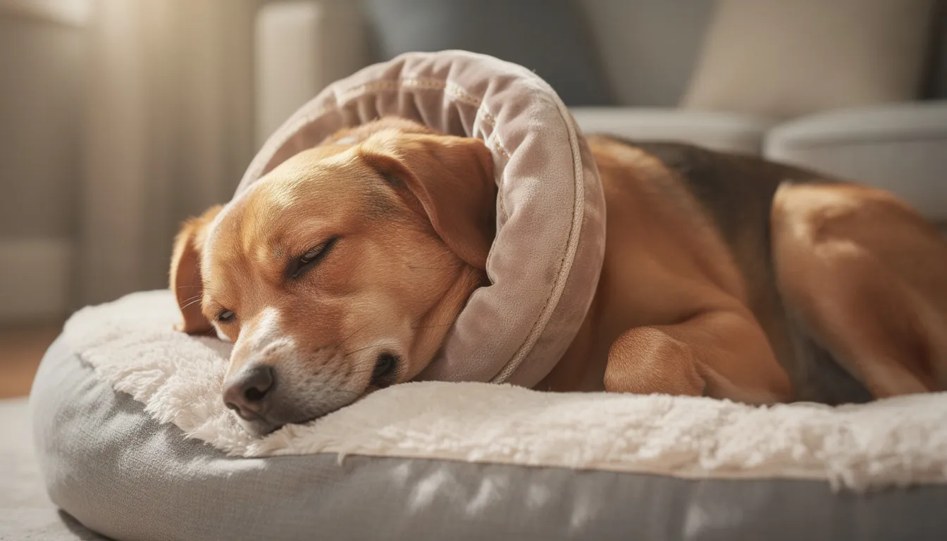 Na zdjęciu widoczny jest pies w miękkim kołnierzu ochronnym, odpoczywający na swoim legowisku. Kołnierz chroni pupila przed dalszymi urazami i wspiera proces gojenia ran, co jest istotne dla regeneracji tkanek i uniknięcia infekcji.