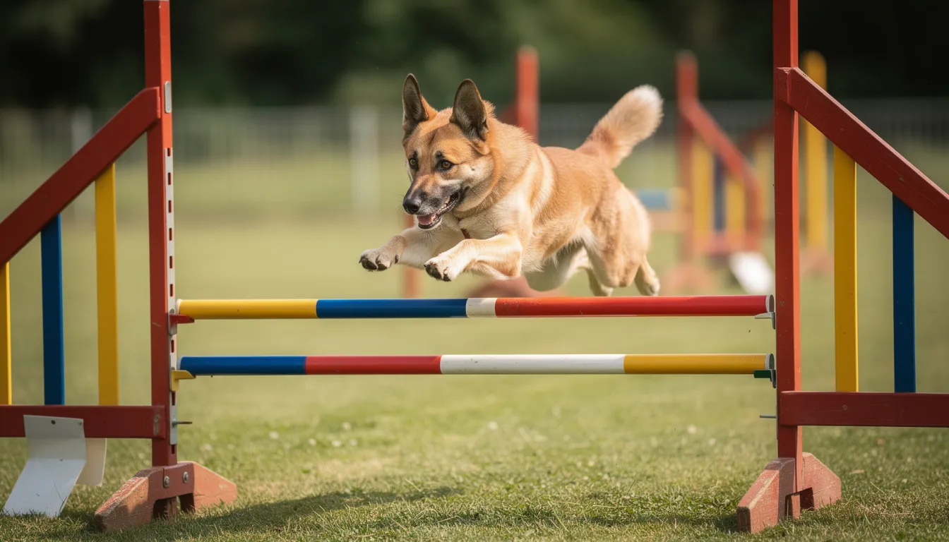 Na torze agility mały owczarek niemiecki pokonuje przeszkodę, demonstrując swoją zwinność i umiejętności. Jego sylwetka jest dynamiczna, a radosne nastawienie wskazuje na doskonałe towarzystwo psów rasowych.