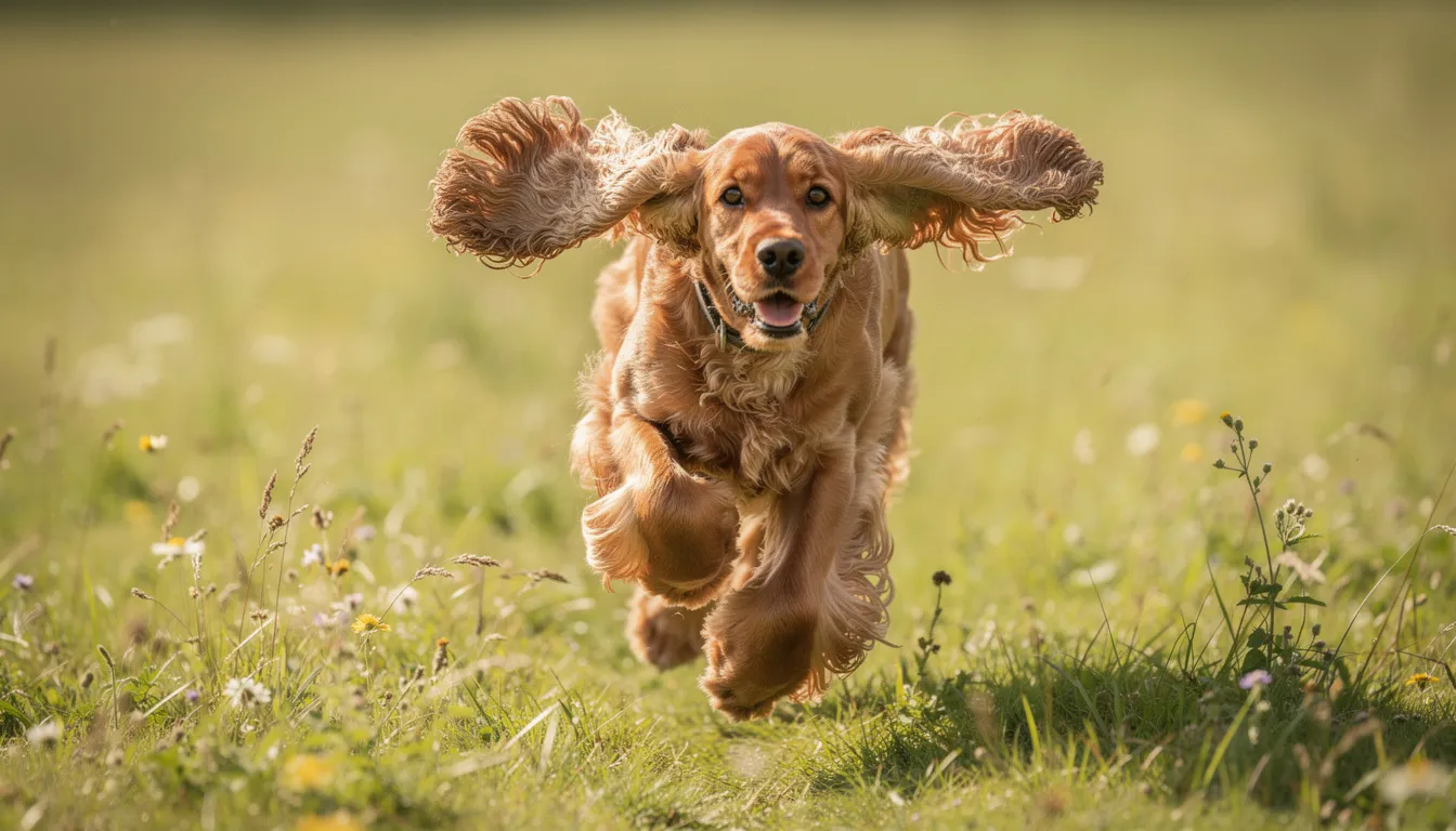 Na zdjęciu widać angielskiego cocker spaniela z długimi, owłosionymi uszami, biegnącego radośnie przez zieloną łąkę. Jego zwisające uszy falują w powietrzu, co podkreśla jego aktywny i wesoły charakter, typowy dla psów myśliwskich tej rasy.