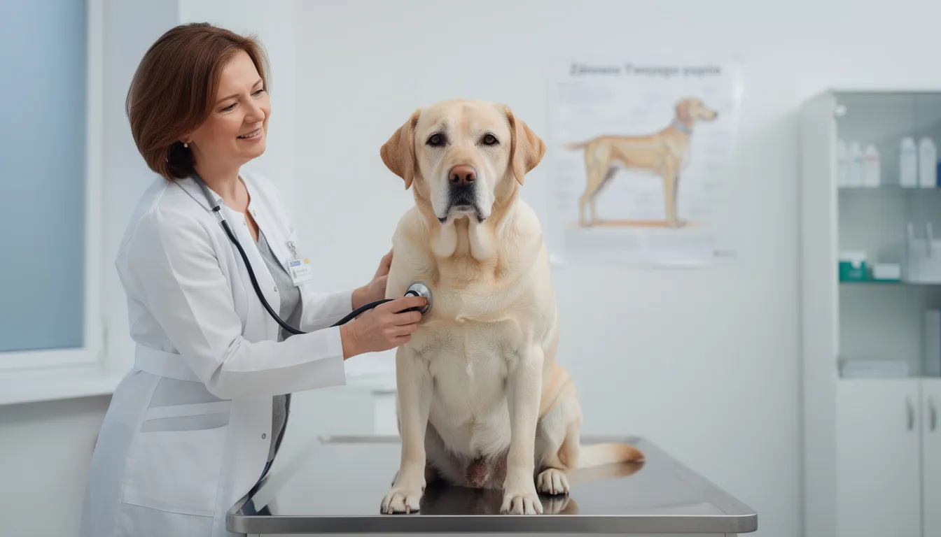 Na zdjęciu widoczny jest starszy pies rasy labrador, który podczas rutynowej kontroli u weterynarza jest poddawany badaniu fizycznemu. Weterynarz sprawdza ogólny stan zdrowia psa, aby zauważyć wszelkie niepokojące zmiany, w tym objawy czerniaka jamy ustnej.