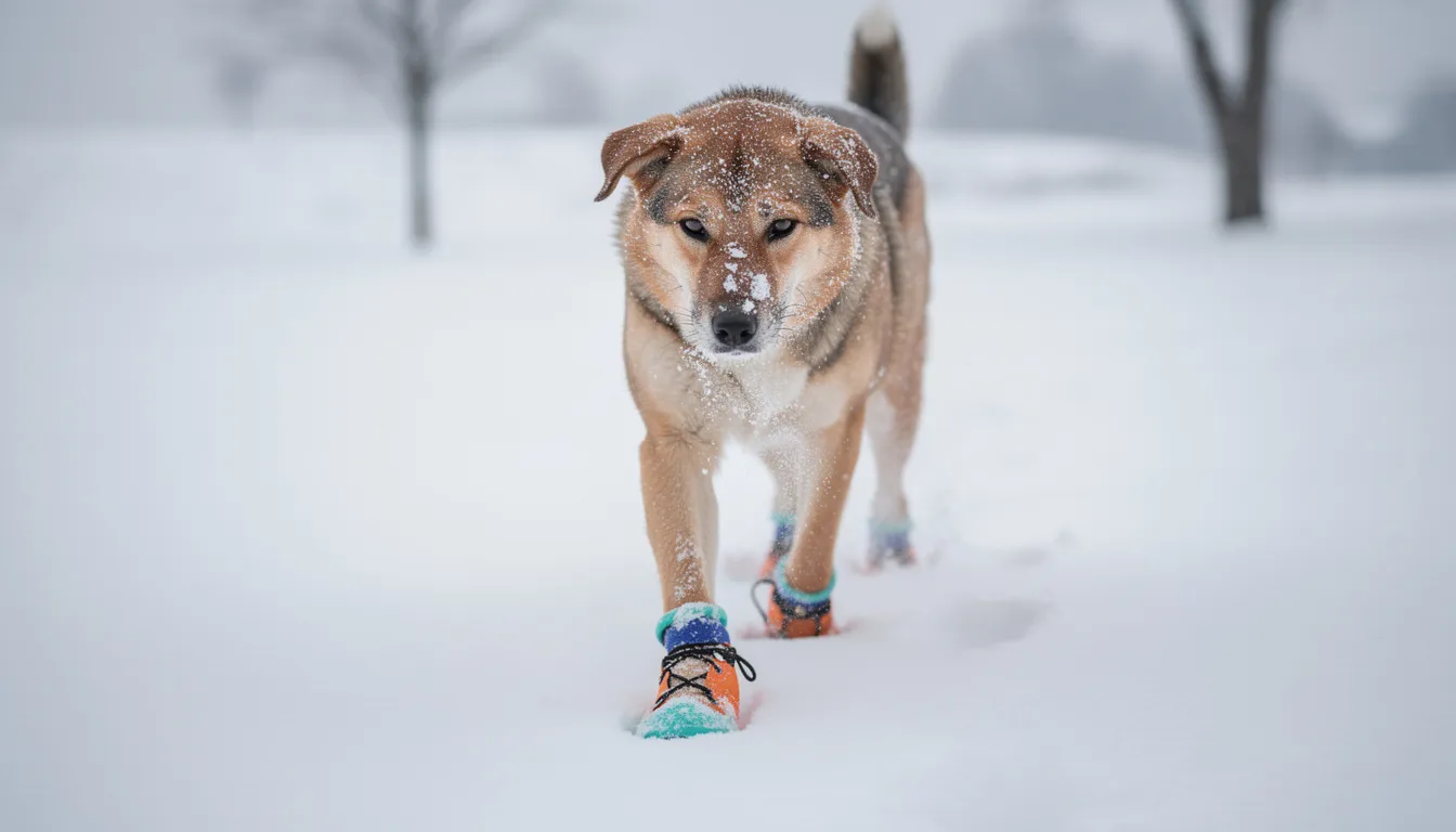 Pies w ochronnych botkach spaceruje po śniegu, co chroni jego łapy przed zimnem i ewentualnymi urazami mechanicznymi. Odpowiednia pielęgnacja skóry, zwłaszcza w przestrzeniach międzypalcowych, jest kluczowym elementem dbania o ogólny stan zdrowia zwierzęcia.