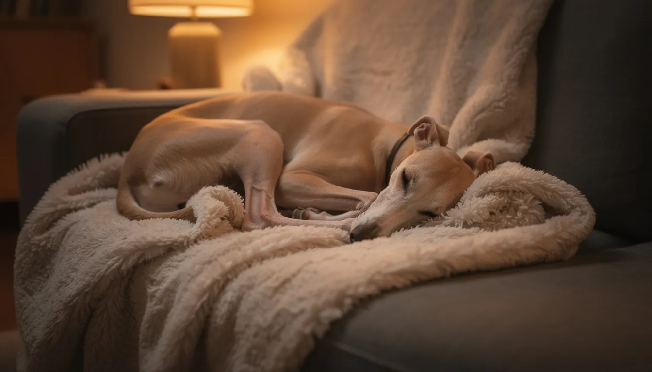 Na miękkim kocu śpi zwinięty w kłębek whippet, pies o krótkiej sierści i łagodnym charakterze. Jego obecność w domu podkreśla rolę psa rodzinnego, a spokojny sen sugeruje silną więź z opiekunem.